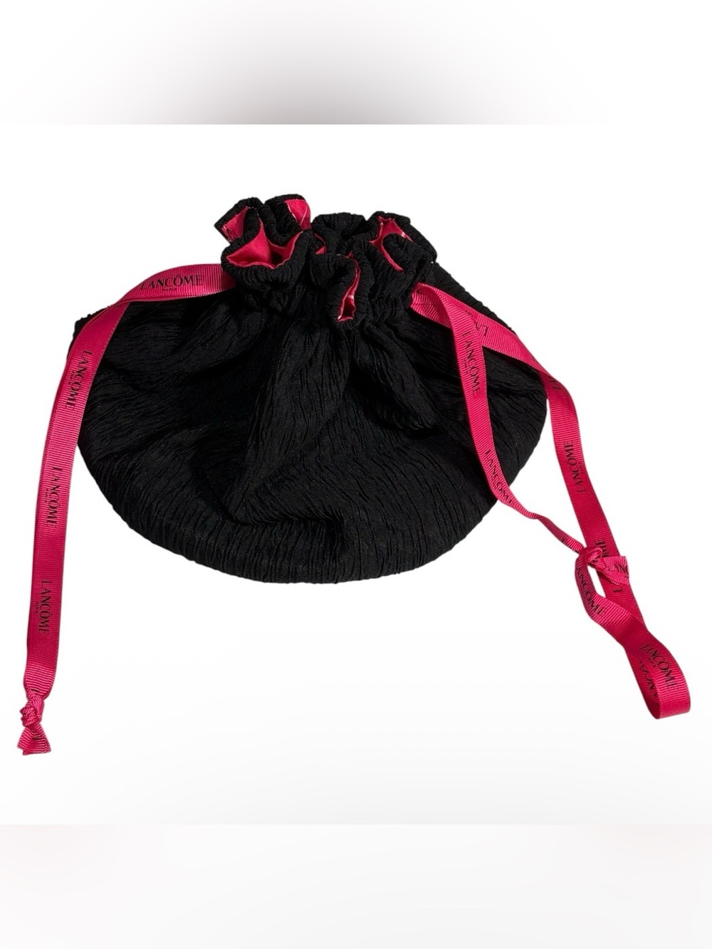 Lancôme Black Fabric Drawstring Makeup Bag Pouch with Pink Ribbon Logo